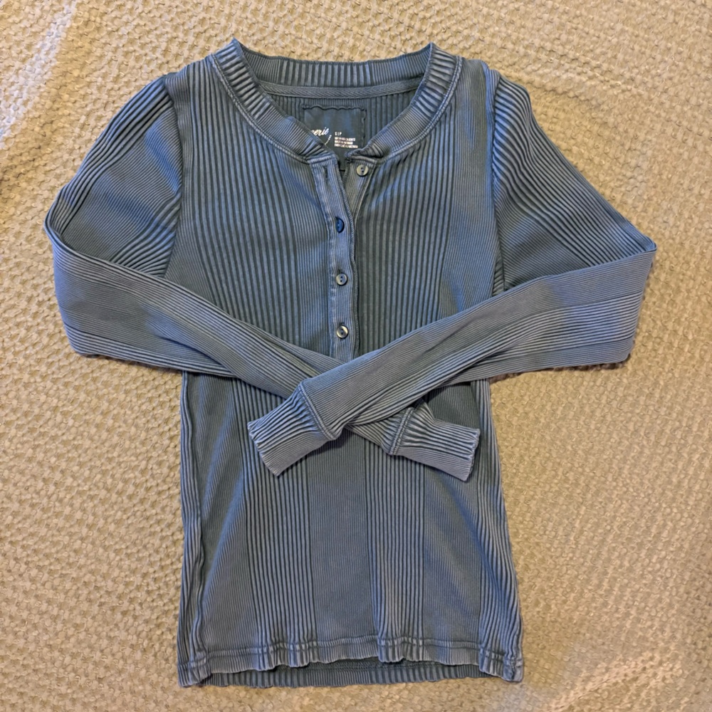 Blue Ribbed Button-Up Top from Aerie